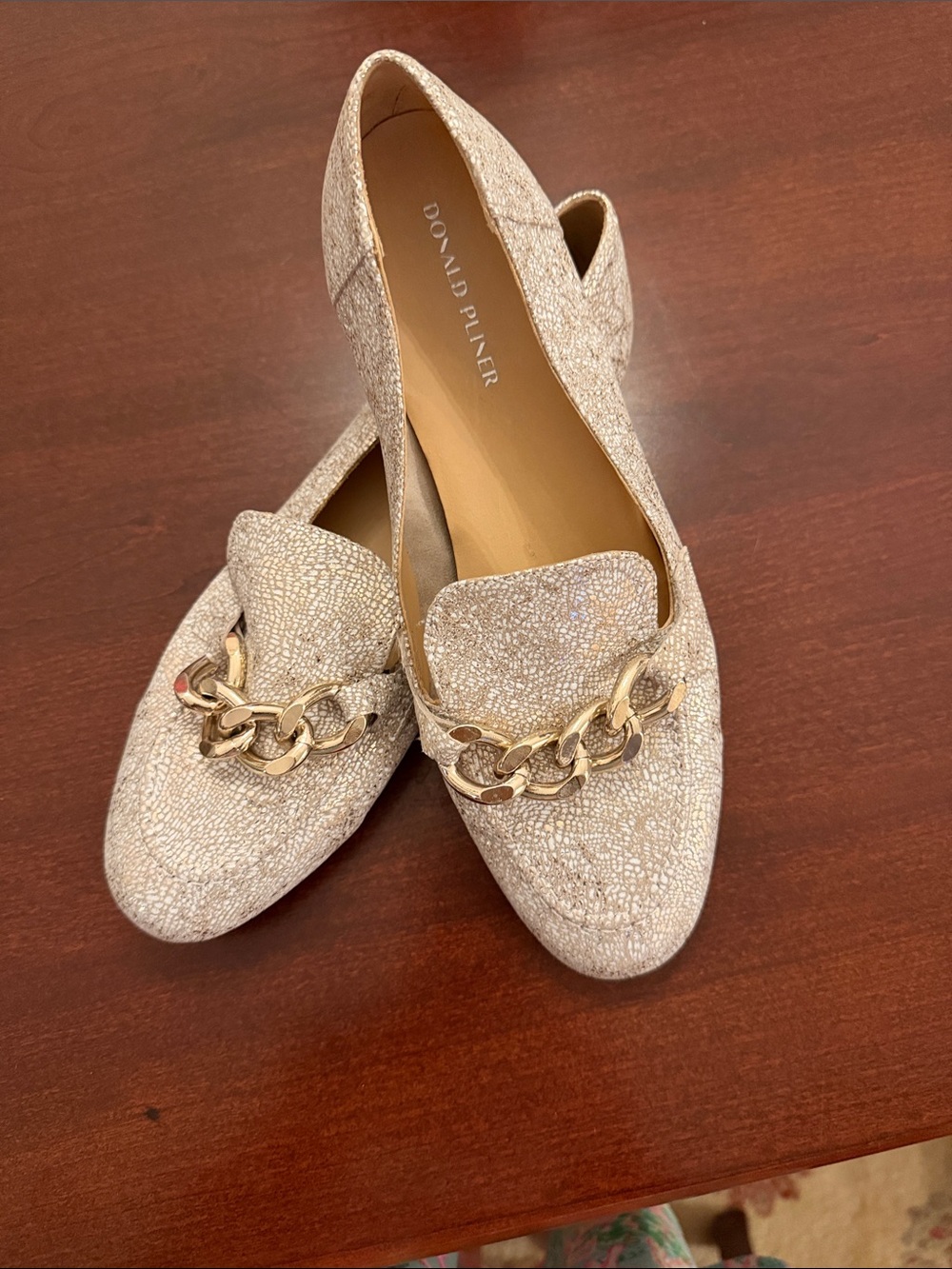 Donald J. Pliner Cream Metallic Chain-Trim Loafers Size 10